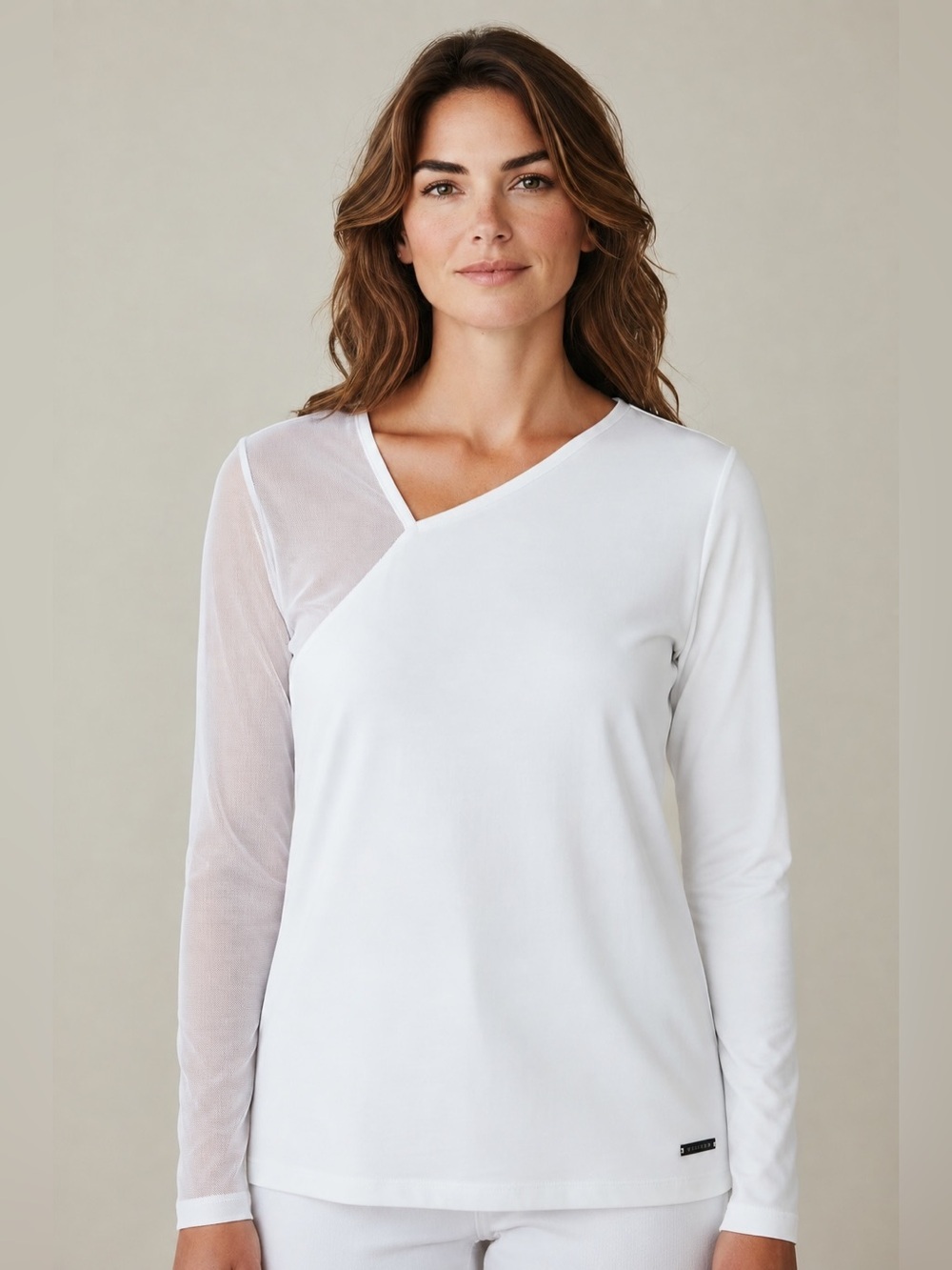 Calvin Klein Women’s Long Mesh Sleeves Drape Neck White Top Size XL NWT